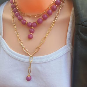 Layered necklace pink costume necklace beaded necklace gold chain necklace multi strand necklace