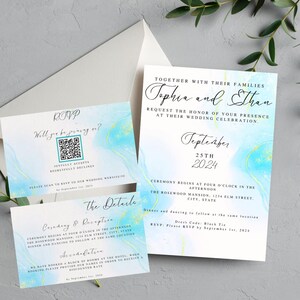 Ensemble de faire-part de mariage avec code QR, ensemble d'invitations blanc et bleu, carte RSVP en toile modifiable, faire-part de mariage moderne, modèle d'invitation, élégant