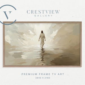 The image is a framed TV art piece titled "Premium Frame TV Art" by the Crestview Gallery, featuring a painting of a person walking on water.