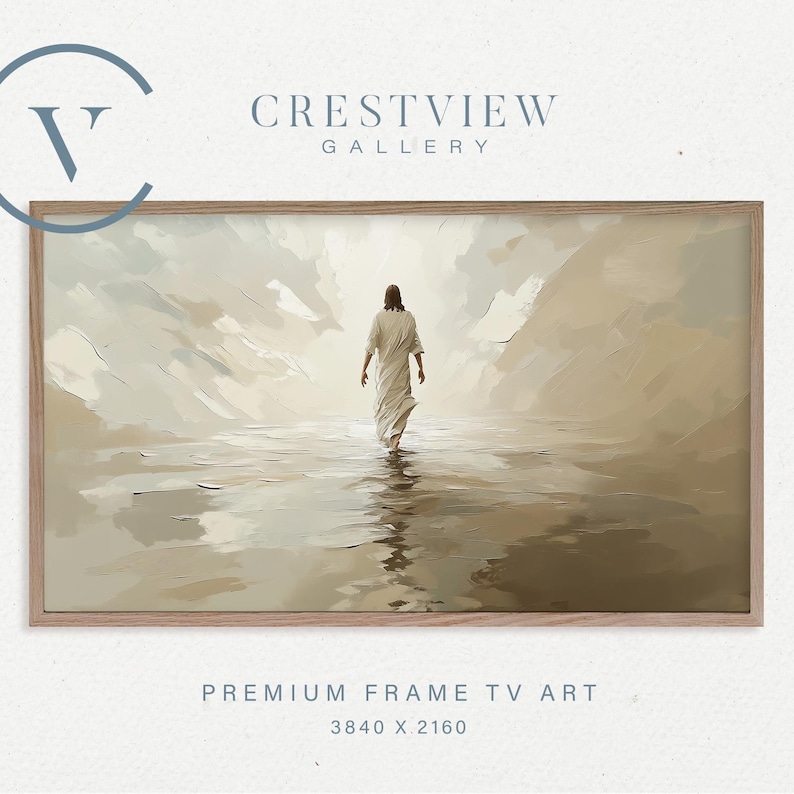 The image is a framed TV art piece titled "Premium Frame TV Art" by the Crestview Gallery, featuring a painting of a person walking on water.