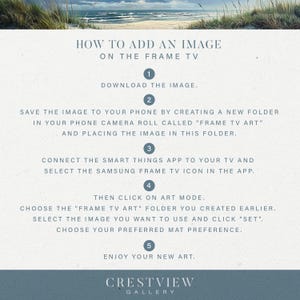 a beach scene with the text how to add an image on the frame tv