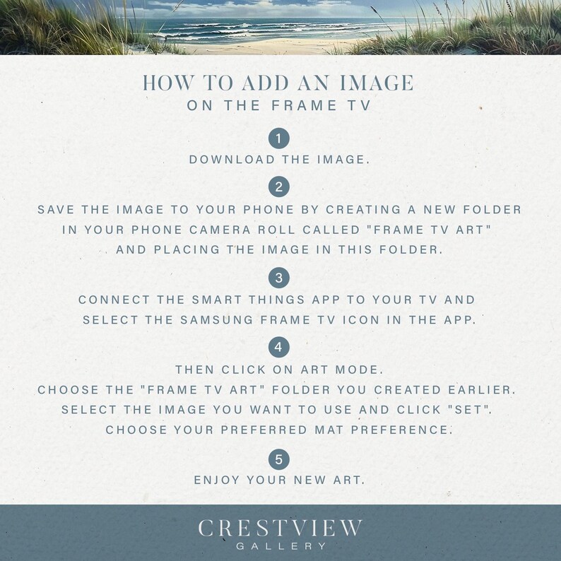 a beach scene with the text how to add an image on the frame tv