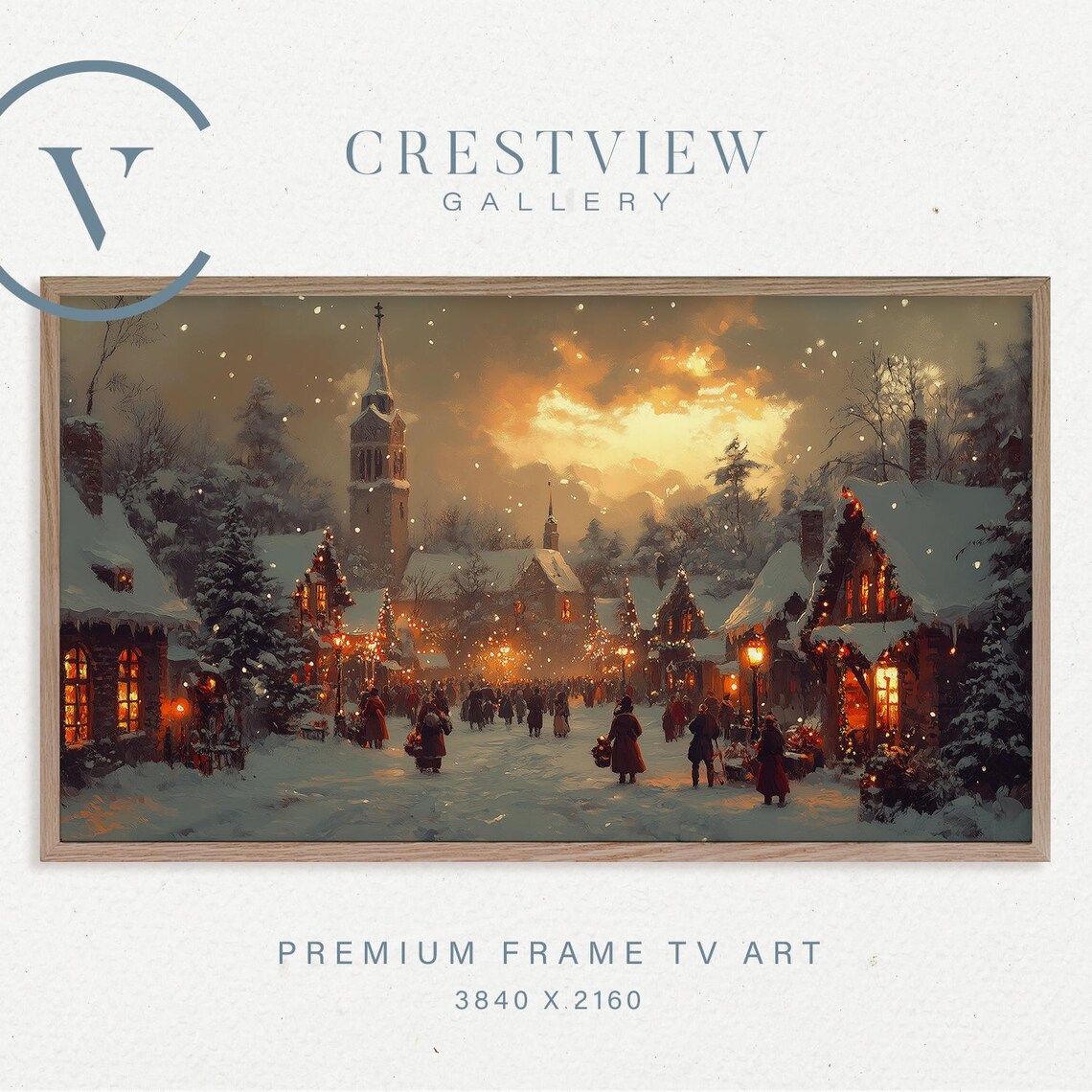 Vintage Christmas Scene Samsung Frame TV Art, Vintage Town Christmas