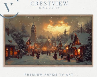 Vintage Christmas TV Art, Cozy Holiday Town Scene (Digital Download) | TV73
