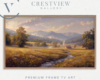May include: A framed landscape painting featuring a serene rural scene. The artwork depicts a field, a stream, and a small cabin, with mountains in the background. The painting has a warm color palette with the text "CRESTVIEW GALLERY" and "PREMIUM FRAME TV ART".