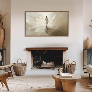 a cozy living room with a fireplace, a painting of a person walking on water, and various decorative elements such as vases and a woven basket.