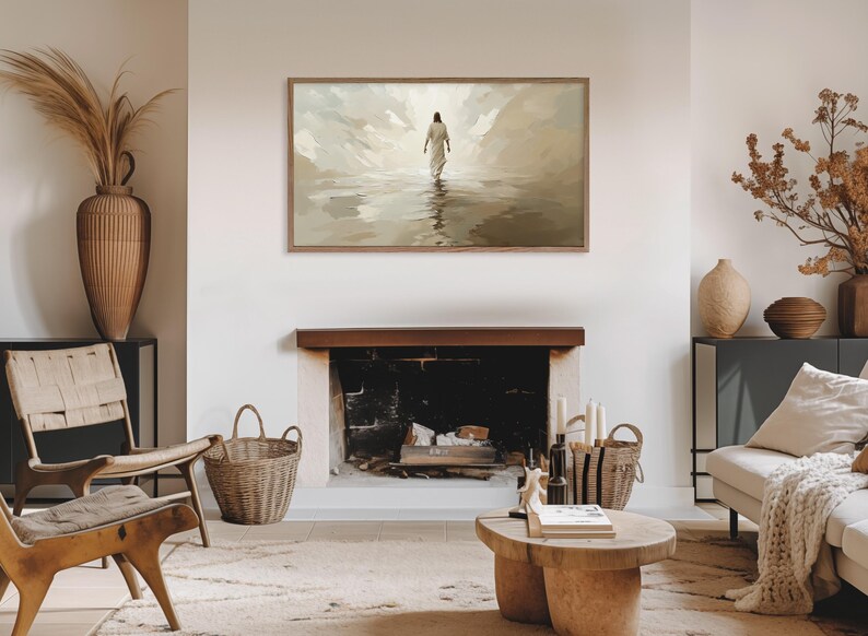 a cozy living room with a fireplace, a painting of a person walking on water, and various decorative elements such as vases and a woven basket.