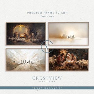 Puede incluir: Cuatro impresiones artísticas enmarcadas con temas religiosos. Las impresiones representan escenas de la Natividad, con figuras y ovejas. Los marcos son de color marrón claro. El texto "PREMIUM FRAME TV ART" y "CRESTVIEW GALLERY" son visibles.