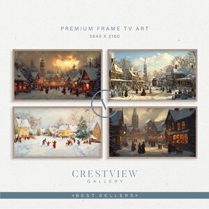 Puede incluir: Cuatro impresiones artísticas enmarcadas de paisajes invernales. Cada impresión representa una escena de pueblo nevado con personas, edificios y árboles. El arte tiene una paleta de colores cálidos con tonos dorados y anaranjados, sugiriendo un ambiente acogedor y festivo.