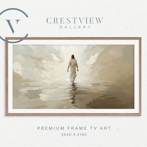 The image is a framed TV art piece titled "Premium Frame TV Art" from the Crestview Gallery, featuring a painting of a person walking through a misty landscape.