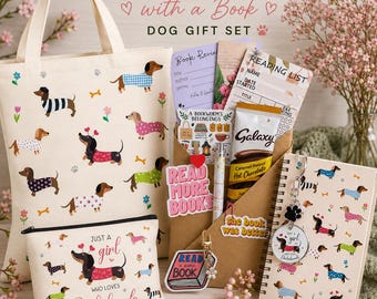 May include: A Blind Date with a Book dog gift set featuring a canvas tote bag, a zippered pouch, a spiral notebook, a pen, and reading accessories. All items are decorated with dachshunds in various outfits, floral patterns, and text.
