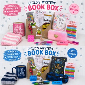 May include: A Child's Mystery Book Box, with girl and boy versions. The girl version features a pink mug, notebook, and pencil case. The boy version includes a blue mug and pencil case. Both include a reading list and snacks.