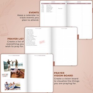 May include: A multi-page planner featuring sections for Events, a Prayer List, and a Prayer Vision Board. The Events page has columns for date, event, and notes. The Prayer List page includes a numbered list of prayer topics. The Vision Board page displays photographs of people and a pottery wheel.