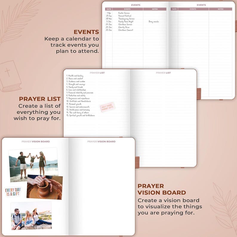 May include: A multi-page planner featuring sections for Events, a Prayer List, and a Prayer Vision Board. The Events page has columns for date, event, and notes. The Prayer List page includes a numbered list of prayer topics. The Vision Board page displays photographs of people and a pottery wheel.
