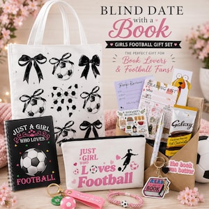 May include: A gift set featuring a white tote bag with black bows and footballs, a black spiral notebook with football graphics, a white pencil case with pink text, a reading list, a bookmark, a Galaxy hot chocolate packet, and accessories.