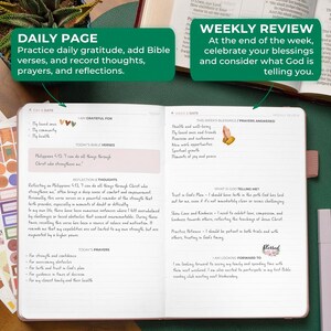 May include: An open daily and weekly Christian prayer journal with lined pages. The left side features sections for gratitude, Bible verses, reflections, and prayers. The right side includes a weekly review, blessings, prayers answered, and reflections.