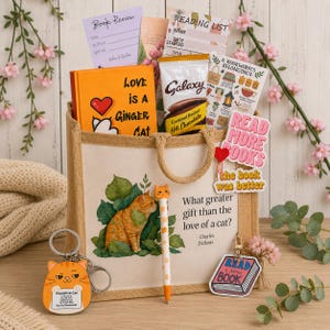 May include: A beige jute tote bag featuring a ginger cat illustration and the text What greater gift than the love of a cat? It contains a book titled Love is a Ginger Cat, a Galaxy hot chocolate packet, a pen, and various book-themed cards.