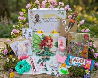 May include: A Fairy VIP Mystery Book Box set featuring a white box with floral accents, a tote bag with a red-haired fairy illustration, a spiral notebook, greeting cards, a teal scrunchie, pens, stickers, a small tin, and an Aero chocolate bar.