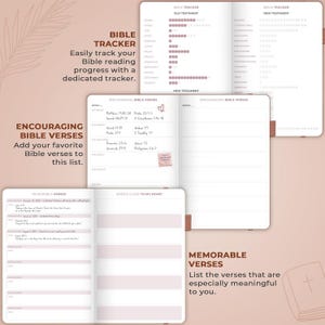 May include: A Bible study planner featuring three open pages with printed sections titled Bible Tracker, Encouraging Bible Verses, and Memorable Verses. The pages contain lists, checkboxes, and blank lines for recording scripture references and personal notes in a soft, neutral color palette.