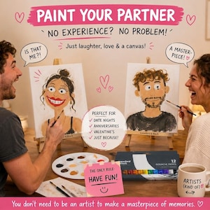 Könnte beinhalten: Ein Paint Your Partner Set mit zwei Leinwänden auf Holzstaffeleien, einer Palette mit verschiedenen Farben, einem Set aus 12 Gouachefarben und einer weißen Tasse mit der Aufschrift Artists (Kind Of). Enthält erklärende Texte und Grafiken.