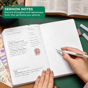 May include: An open sermon notes journal with lined pages, featuring printed sections for date, speaker, location, sermon topic, main thoughts, key scriptures, and application. A light blue pen rests on the page, which includes a small Bible sticker.