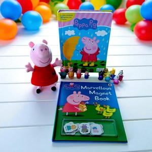 May include: A Peppa Pig themed set including a plush toy, storybook, and magnet book. The plush pig is in a red dress. The books have colourful illustrations of Peppa Pig. Various small figurines are also present, along with colourful balls.