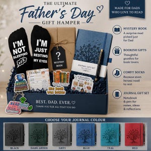 May include: A Father's Day gift hamper containing a journal, pen, socks, and a mystery book. The journal is available in black, dark green, grey, blue, teal, and red. The socks have the phrases "I'm not sleeping" and "I'm just resting my eyes."