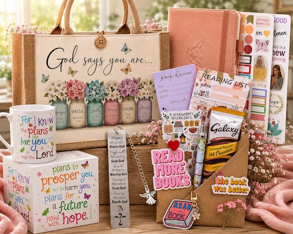 Christian Gift Set for Women | Faith Journal, Scripture Mug, Inspirational Tote Bag,  Reading Care Package Gift Box, Optional Mystery Book