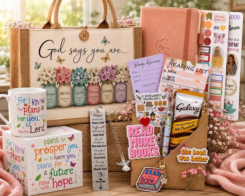Christian Gift Set for Women | Faith Journal, Scripture Mug, Inspirational Tote Bag, Reading Care Package Gift Box, Optional Mystery Book image 1