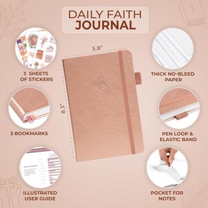 May include: A rose gold Daily Faith Journal measuring 5.8 inches by 8.3 inches, featuring an elastic band, pen loop, three bookmarks, three sticker sheets, thick no-bleed paper, a Bible tracker user guide, and an interior pocket for notes.