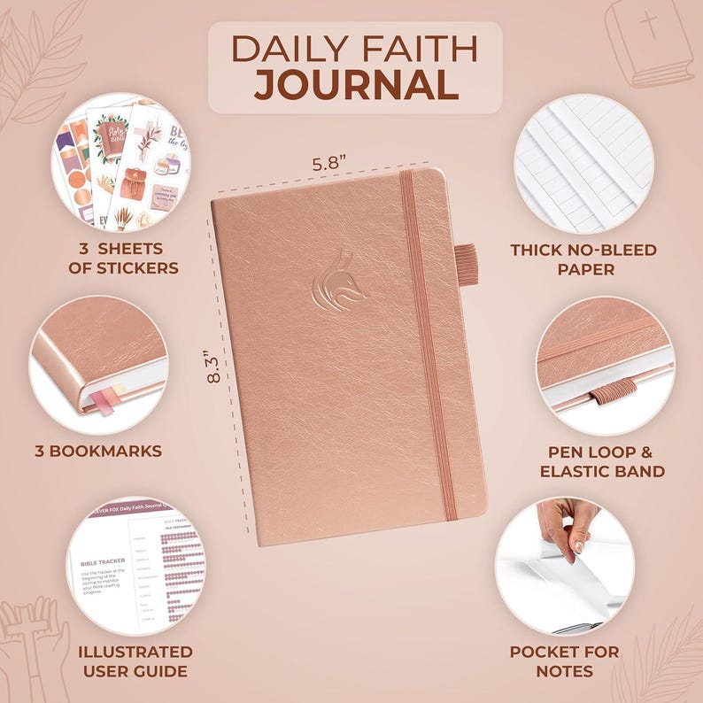 May include: A rose gold Daily Faith Journal measuring 5.8 inches by 8.3 inches, featuring an elastic band, pen loop, three bookmarks, three sticker sheets, thick no-bleed paper, a Bible tracker user guide, and an interior pocket for notes.