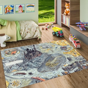 Kaarttapijt, tapijt uit de populaire film, kinderkamertapijt, magische vloermat, kinderkamertapijt, kinderspelermat, vloerkleed kaart, modern kaarttapijt, inrichting kinderkamer