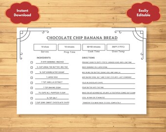 Könnte beinhalten: Druckbare Rezeptkarte für Bananenbrot mit Schokoladenstückchen. Die Karte enthält eine Zutatenliste, Anweisungen und Garzeiten. Die Karte ist schwarzweiß mit einem dekorativen Rand.