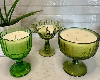 Vintage Glass Compote Candles: Beeswax Coconut Blend, Pure Essential Oil Scent