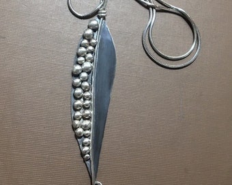 Silver leaf pendant necklace metalsmith handmade leaf fired silver balls-nuggets