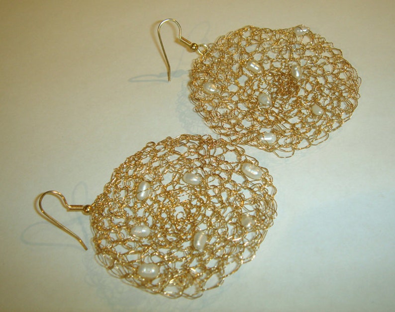 Crochet knitted earrings gold filled and white Freshwater Etsy