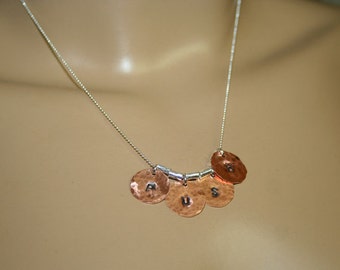 initial name necklace Copper hammered stamped 14mm disc and silver beads