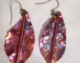 Leaves earrings Copper-Hand forged- Iridescent leaf earrings -rainbow color