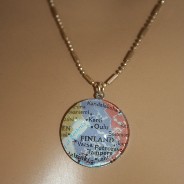 Finland map necklace-pendant  clear glass cabochon. Helsinki