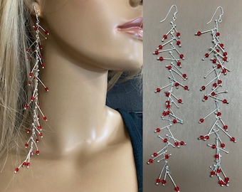Silver and  red earrings. Funky earrings "Sticks" Fine silver 999 long earrings