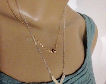 Chevron long necklace  silver and gold chains long dainty necklace chain dangles V necklace