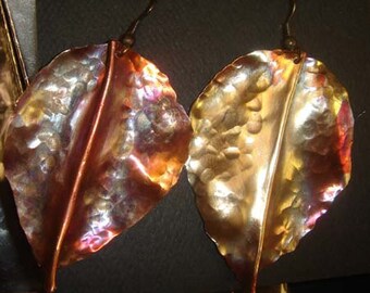 Copper Leaves Earrings- Hand forged and hammered- Iridescent autumn Leaf earrings