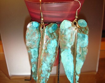 Copper heart- Leaves Turquoise earrings hammered and forged- patinated