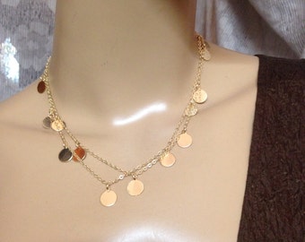 Gold long necklace charm long necklace disc necklace round coin necklace-double necklace