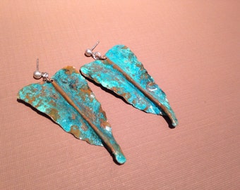 Copper Leaves Earrings Turquoise Green patina hand forged Heart shape earrings handmade leaves earrings
