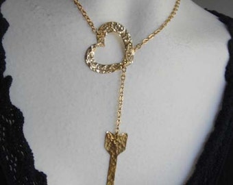 Gold or Copper Heart and arrow lariat/necklace hammered