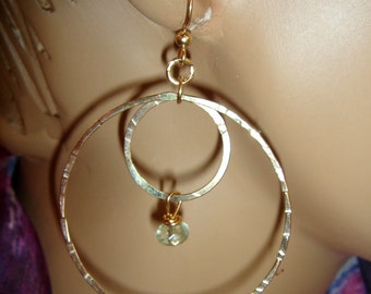 Gold Hoop earrings Gold and Green Fluorite delicate double hoop hammered dangles Handmade