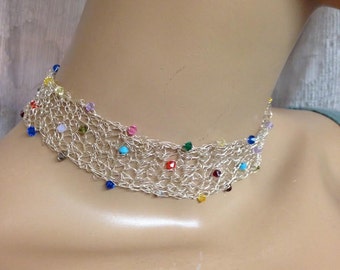 Crochet Knitted choker fine silver and crystals in multi color necklace