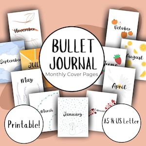 Páginas de portada de Bullet Journal prediseñadas, 12 meses, páginas coloridas temáticas, plantilla de Bullet Journal, tamaños A5 y carta de EE. UU., páginas de diario, paquete
