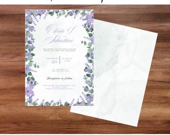 Purple Floral Wedding Invitation, Digital Download, Editable Template
